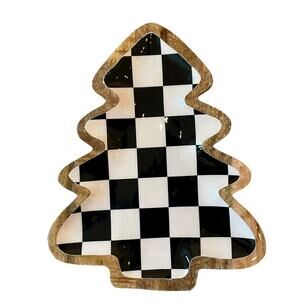 Black & White Checkered Wood Christmas Tree Platter 15x13 Made In India New